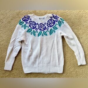 Vintage 80’s Bristol Court White Sweater with Purple and Green Floral Accents